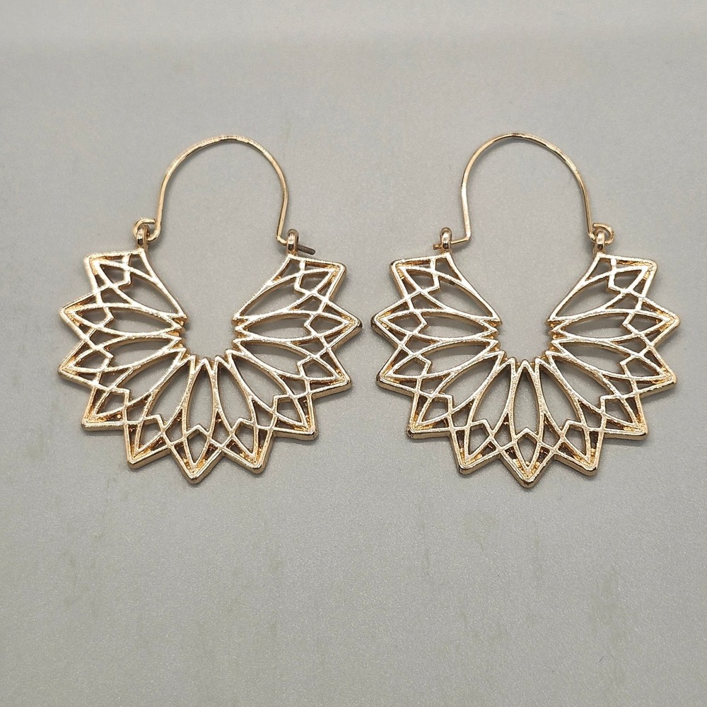Gold Tone Filigree Mandala Fan Hoop Earrings 1.75" Geometric Fashion Jewelry